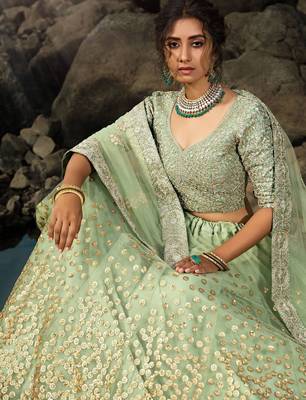 Green Zari Worked Soft Net Wedding Wear Lehenga Choli 3