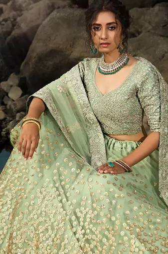 Green Zari Worked Soft Net Wedding Wear Lehenga Choli
