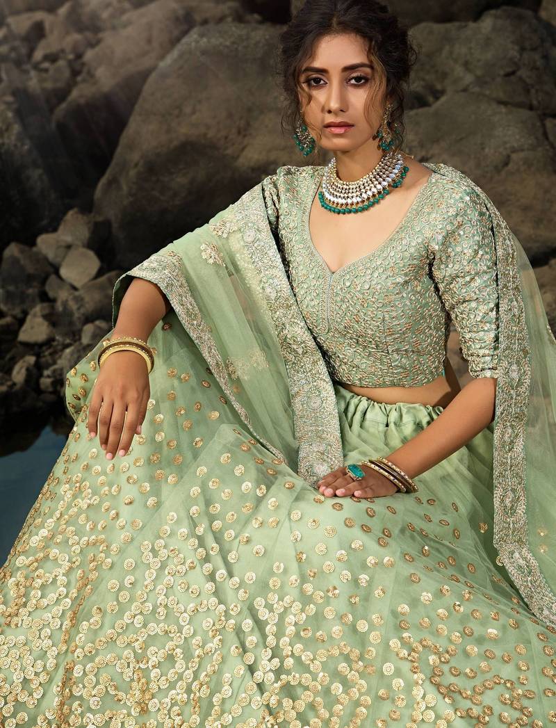 Green Zari Worked Soft Net Wedding Wear Lehenga Choli