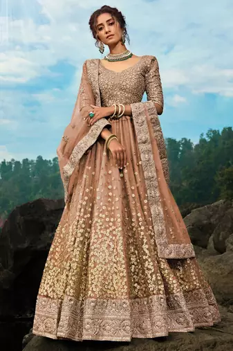 Brown Zari Worked Soft Net Wedding Wear Lehenga Choli