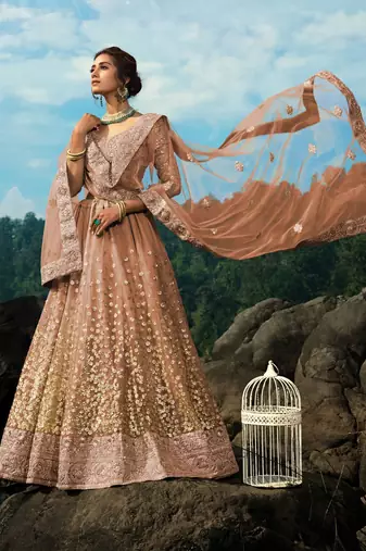 Brown Zari Worked Soft Net Wedding Wear Lehenga Choli