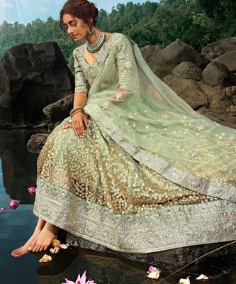Green Zari Worked Soft Net Wedding Wear Lehenga Choli 4