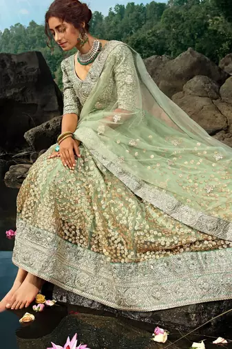 Green Zari Worked Soft Net Wedding Wear Lehenga Choli