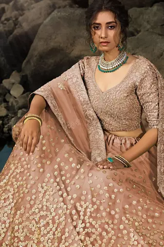 Brown Zari Worked Soft Net Wedding Wear Lehenga Choli