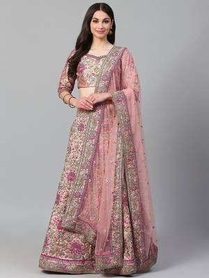 Peach & Golden Semi-Stitched Bridal Lehenga & Unstitched Blouse with Dupatta 1