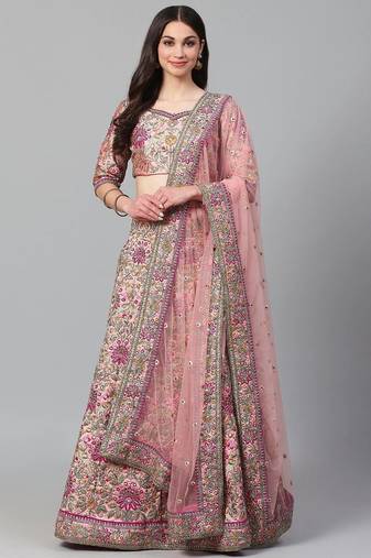 Peach & Golden Semi-Stitched Bridal Lehenga & Unstitched Blouse with Dupatta