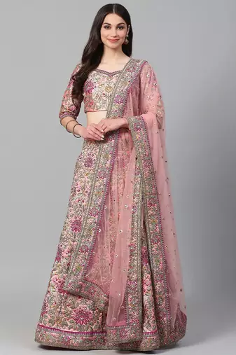 Peach & Golden Semi-Stitched Bridal Lehenga & Unstitched Blouse with Dupatta