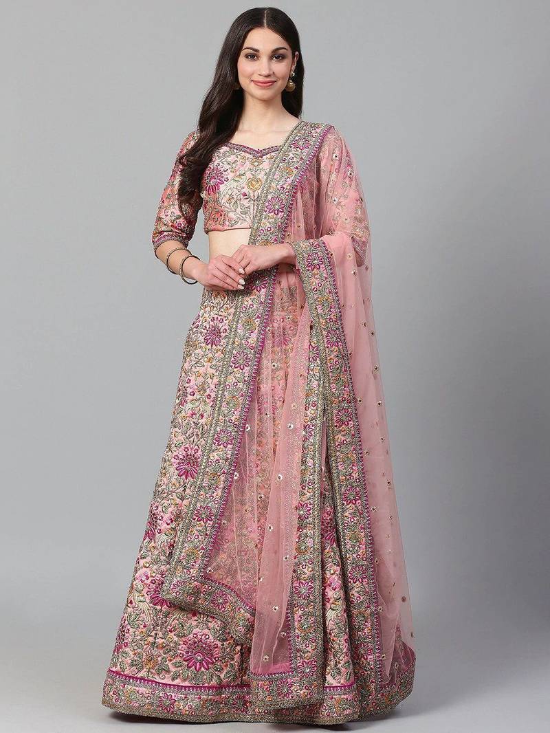 Peach & Golden Semi-Stitched Bridal Lehenga & Unstitched Blouse with Dupatta