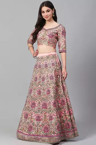 Peach & Golden Semi-Stitched Bridal Lehenga & Unstitched Blouse with Dupatta
