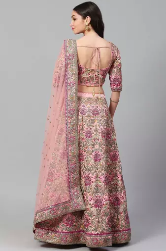 Peach & Golden Semi-Stitched Bridal Lehenga & Unstitched Blouse with Dupatta