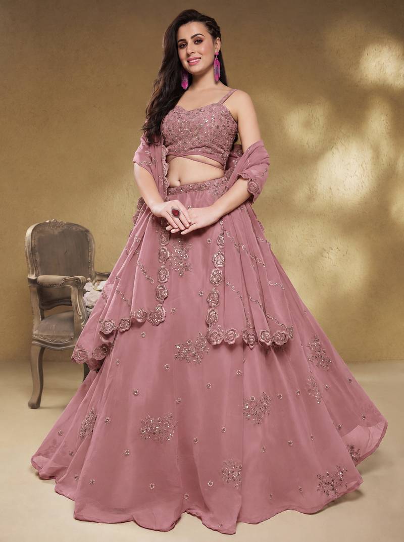 Attractive Dusty Pink Sequins Georgette Party Wear Lehenga Choli