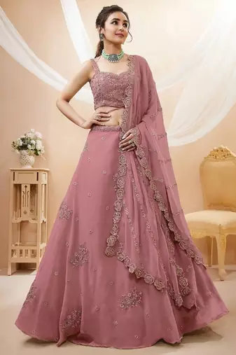 Attractive Dusty Pink Sequins Georgette Party Wear Lehenga Choli