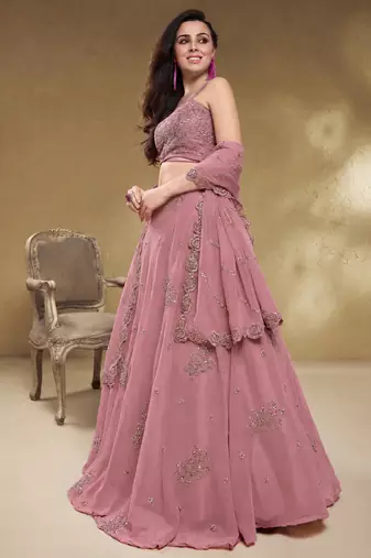Attractive Dusty Pink Sequins Georgette Party Wear Lehenga Choli