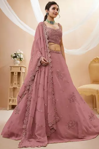 Attractive Dusty Pink Sequins Georgette Party Wear Lehenga Choli