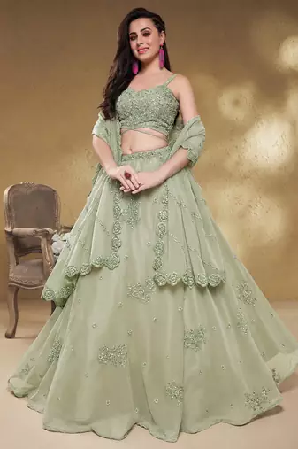 Pretty Pista Green Sequins Georgette Engagement Wear Lehenga Choli