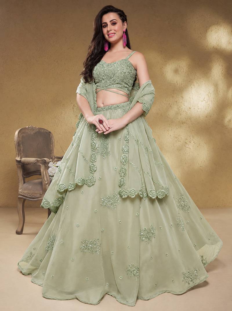 Pretty Pista Green Sequins Georgette Engagement Wear Lehenga Choli