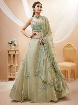 Pretty Pista Green Sequins Georgette Engagement Wear Lehenga Choli 1