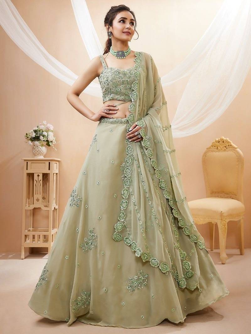 Pretty Pista Green Sequins Georgette Engagement Wear Lehenga Choli