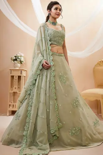Pretty Pista Green Sequins Georgette Engagement Wear Lehenga Choli