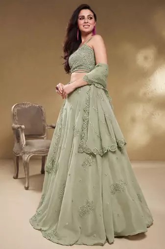Pretty Pista Green Sequins Georgette Engagement Wear Lehenga Choli