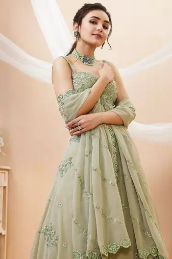 Pretty Pista Green Sequins Georgette Engagement Wear Lehenga Choli