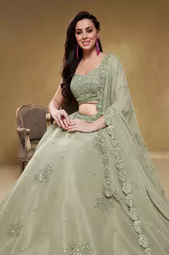 Pretty Pista Green Sequins Georgette Engagement Wear Lehenga Choli
