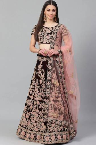 Maroon & Peach-Coloured Embroidered Semi-Stitched Lehenga & Unstitched Blouse with Dupatta