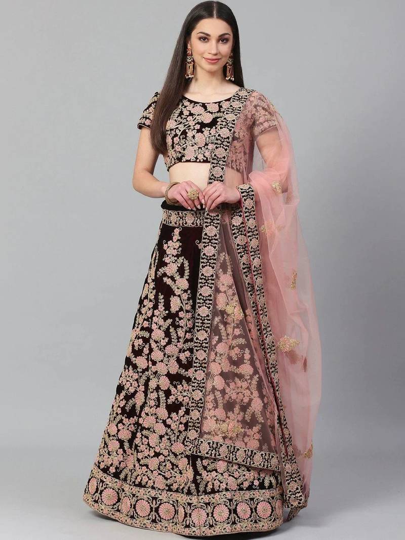 Maroon & Peach-Coloured Embroidered Semi-Stitched Lehenga & Unstitched Blouse with Dupatta