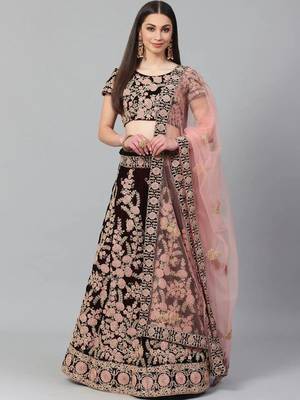 Maroon & Peach-Coloured Embroidered Semi-Stitched Lehenga & Unstitched Blouse with Dupatta 1