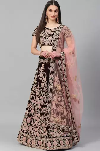 Maroon & Peach-Coloured Embroidered Semi-Stitched Lehenga & Unstitched Blouse with Dupatta