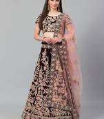 Maroon & Peach-Coloured Embroidered Semi-Stitched Lehenga & Unstitched Blouse with Dupatta