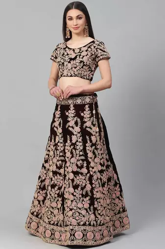 Maroon & Peach-Coloured Embroidered Semi-Stitched Lehenga & Unstitched Blouse with Dupatta