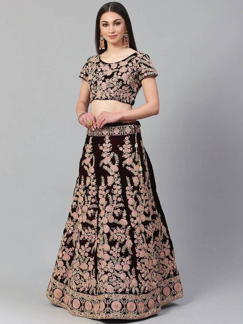 Maroon & Peach-Coloured Embroidered Semi-Stitched Lehenga & Unstitched Blouse with Dupatta