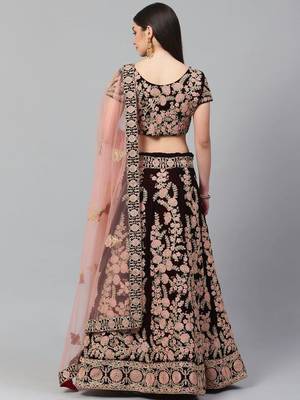 Maroon & Peach-Coloured Embroidered Semi-Stitched Lehenga & Unstitched Blouse with Dupatta 3