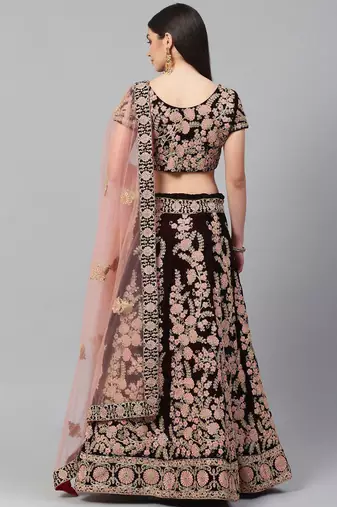 Maroon & Peach-Coloured Embroidered Semi-Stitched Lehenga & Unstitched Blouse with Dupatta