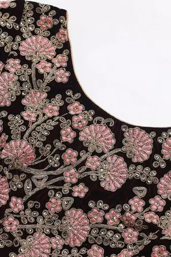 Maroon & Peach-Coloured Embroidered Semi-Stitched Lehenga & Unstitched Blouse with Dupatta