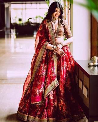 Maroon Floral Printed Organza Bridal Lehenga Choli 2