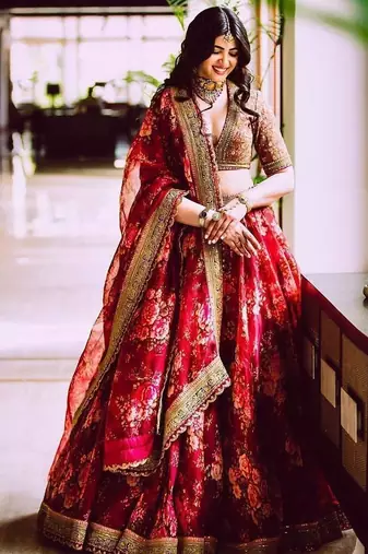 Maroon Floral Printed Organza Bridal Lehenga Choli