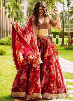 Maroon Floral Printed Organza Bridal Lehenga Choli 3