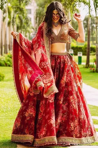 Maroon Floral Printed Organza Bridal Lehenga Choli