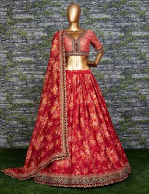 Maroon Floral Printed Organza Bridal Lehenga Choli 4