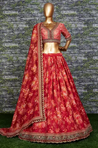 Maroon Floral Printed Organza Bridal Lehenga Choli