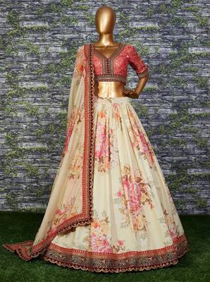 Off White Floral Printed Organza Bridal Lehenga Choli 2