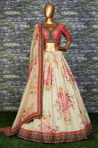 Off White Floral Printed Organza Bridal Lehenga Choli