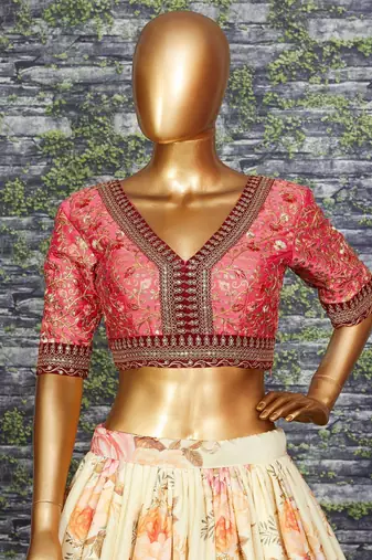 Off White Floral Printed Organza Bridal Lehenga Choli