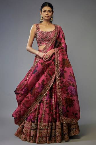 Gorgeous Coral Pink Floral Printed Organza Sangeet Wear Lehenga Choli