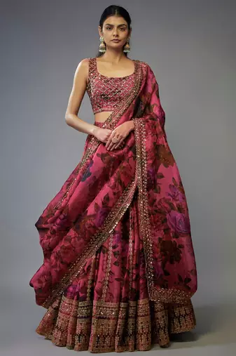 Gorgeous Coral Pink Floral Printed Organza Sangeet Wear Lehenga Choli