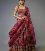 Gorgeous Coral Pink Floral Printed Organza Sangeet Wear Lehenga Choli