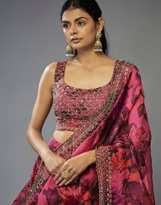 Gorgeous Coral Pink Floral Printed Organza Sangeet Wear Lehenga Choli 2