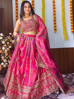 Stunning Pink Floral Printed Organza Bridesmaid Lehenga Choli 1